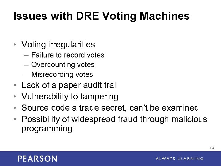 Issues with DRE Voting Machines • Voting irregularities – Failure to record votes –