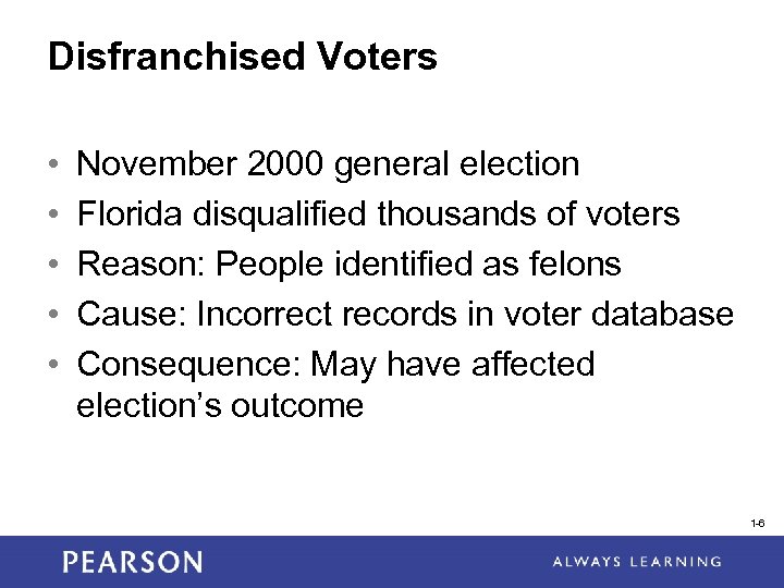 Disfranchised Voters • • • November 2000 general election Florida disqualified thousands of voters