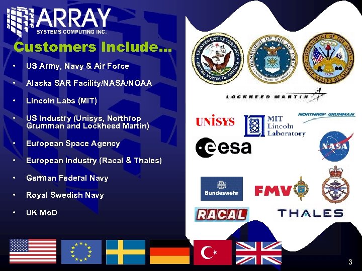 Customers Include… • US Army, Navy & Air Force • Alaska SAR Facility/NASA/NOAA •