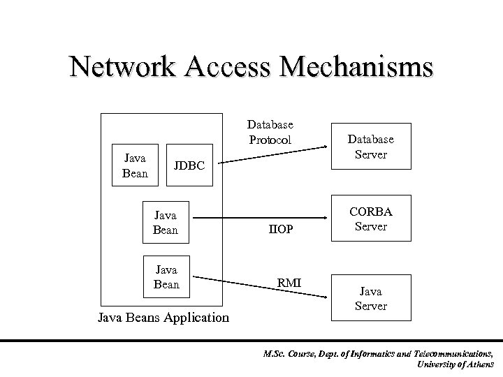 Network Access Mechanisms Database Protocol Java Bean JDBC Java Beans Application IIOP RMI Database