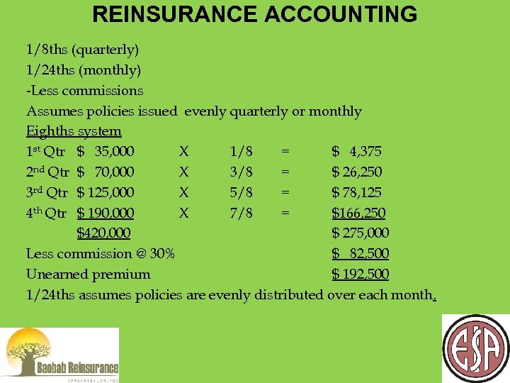 REINSURANCE ACCOUNTING 1/8 ths (quarterly) 1/24 ths (monthly) -Less commissions Assumes policies issued evenly