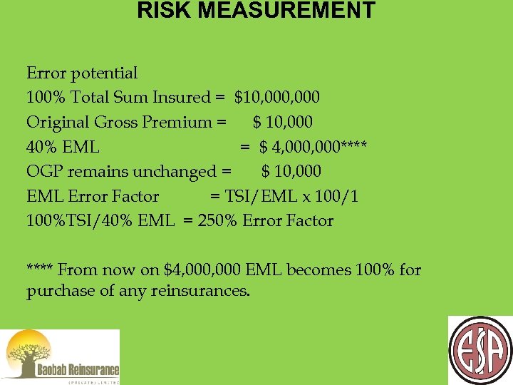 RISK MEASUREMENT Error potential 100% Total Sum Insured = $10, 000 Original Gross Premium