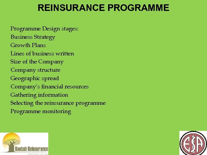 REINSURANCE PROGRAMME Programme Design stages: Business Strategy Growth Plans Lines of business written Size