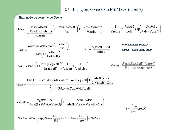 2. 7 - Equações do modelo BSIM 3 v 3 (nível 7) Expressão da
