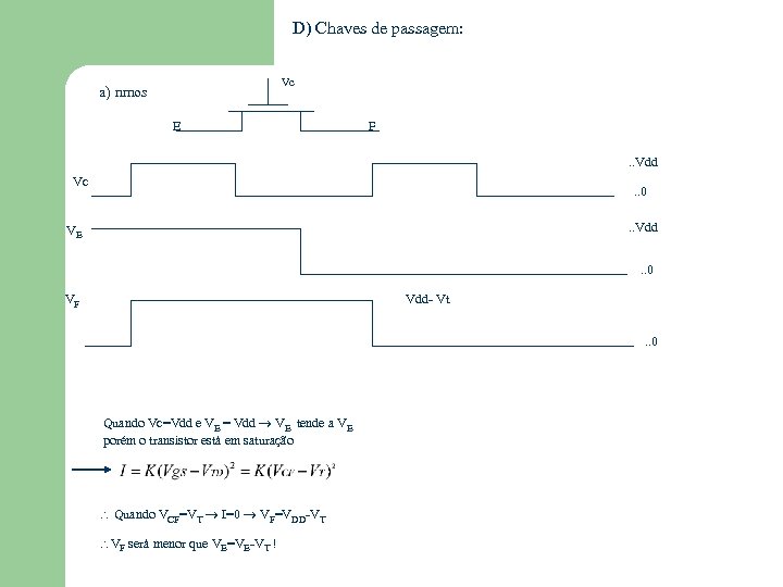 D) Chaves de passagem: Vc a) nmos E F. . Vdd Vc . .