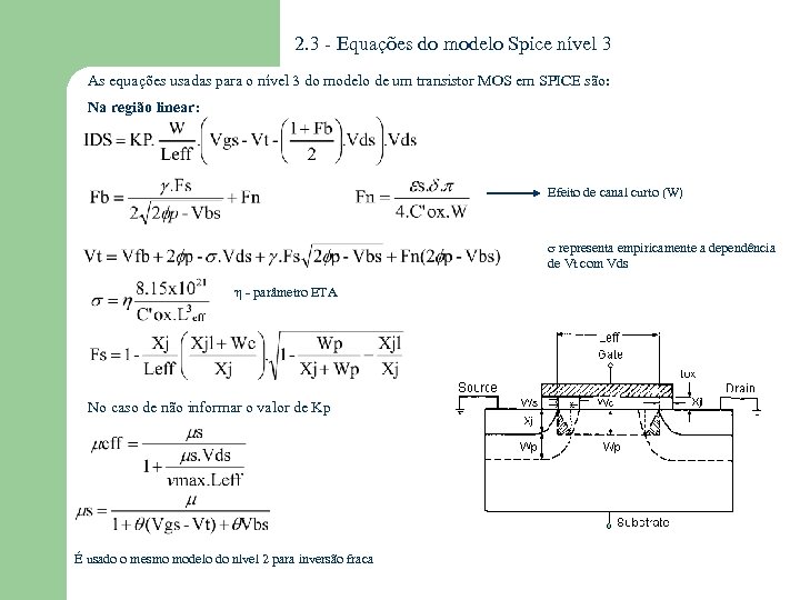 2. 3 - Equações do modelo Spice nível 3 As equações usadas para o