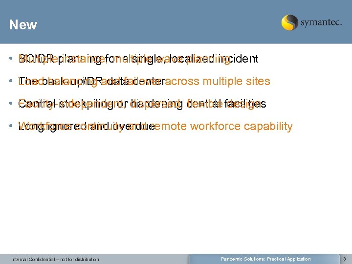 New • BC/DR planning for a single, localized incident Multiple instance, multiple wave planning