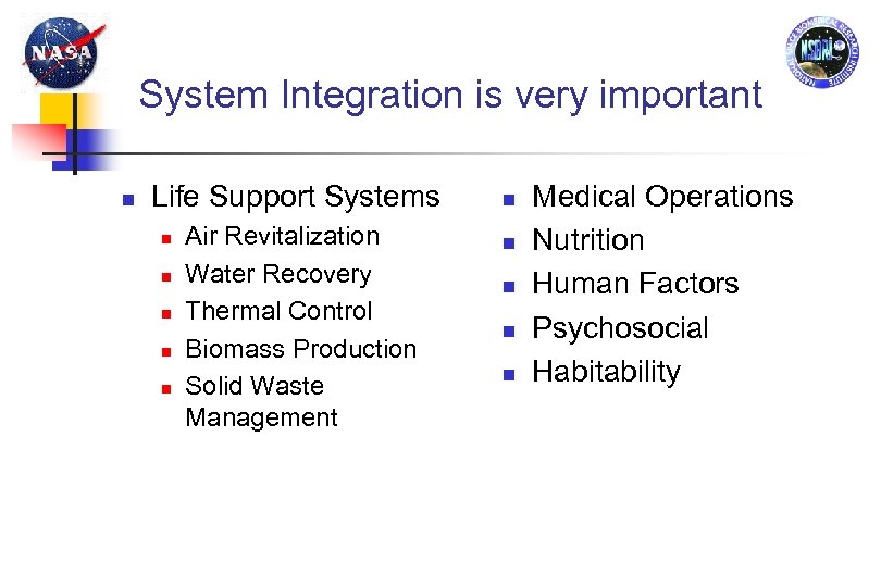 System Integration is very important Life Support Systems Air Revitalization Water Recovery Thermal Control