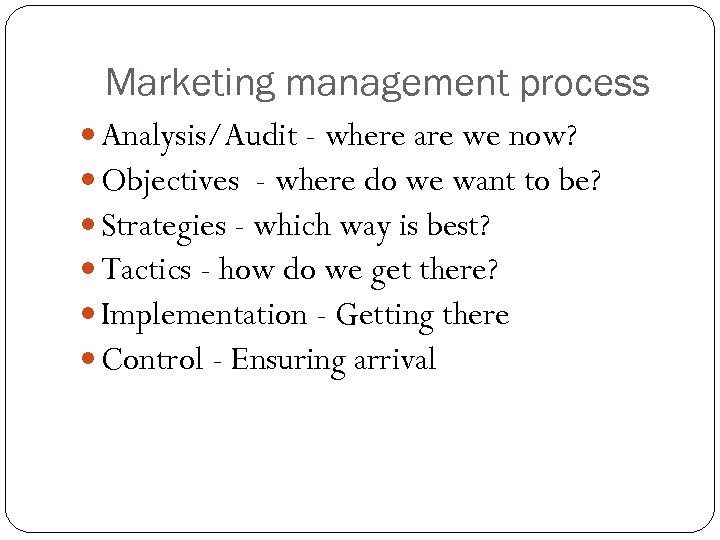 Marketing management process Analysis/Audit - where are we now? Objectives - where do we