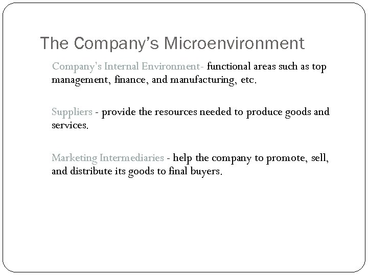 The Company’s Microenvironment Company’s Internal Environment- functional areas such as top Environment management, finance,
