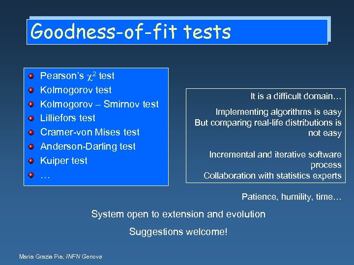 Goodness-of-fit tests Pearson’s c 2 test Kolmogorov – Smirnov test Lilliefors test Cramer-von Mises