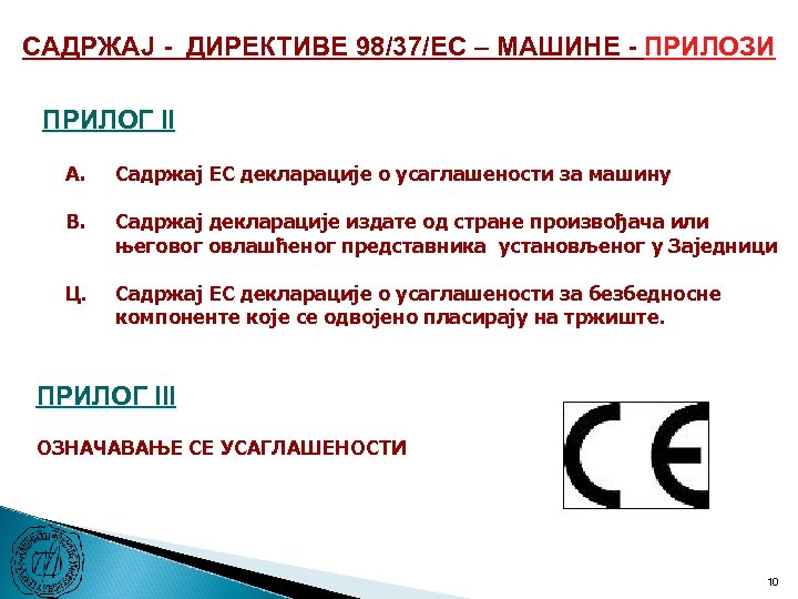 САДРЖАЈ - ДИРЕКТИВЕ 98/37/ЕC – МАШИНЕ - ПРИЛОЗИ ПРИЛОГ II A. Садржај ЕC декларације