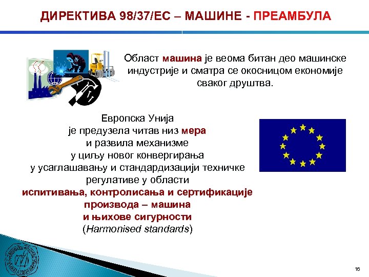 ДИРЕКТИВА 98/37/ЕC – МАШИНЕ - ПРЕАМБУЛА Област машина је веома битан део машинске индустрије