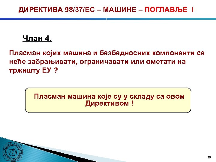 ДИРЕКТИВА 98/37/ЕC – МАШИНЕ – ПОГЛАВЉЕ I Члан 4. Пласман којих машина и безбедносних