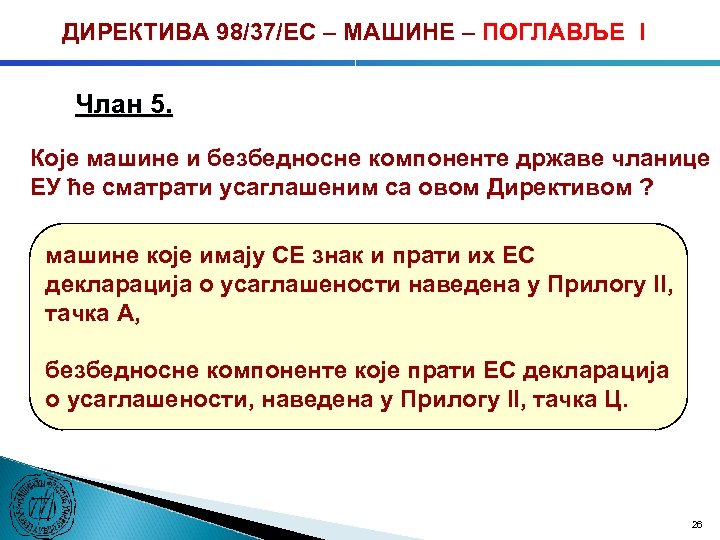 ДИРЕКТИВА 98/37/ЕC – МАШИНЕ – ПОГЛАВЉЕ I Члан 5. Које машине и безбедносне компоненте