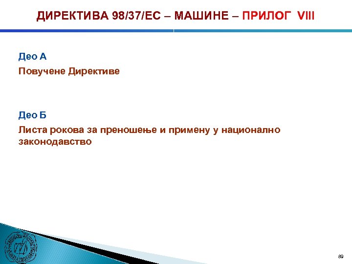 ДИРЕКТИВА 98/37/ЕC – МАШИНЕ – ПРИЛОГ VIII Део А Повучене Директиве Део Б Листа