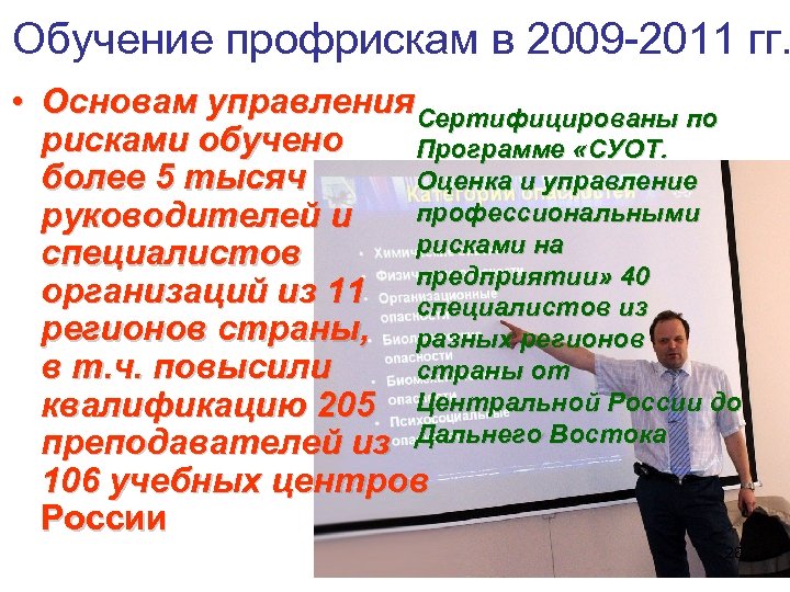 Обучение профрискам в 2009 -2011 гг. • Основам управления Сертифицированы по рисками обучено Программе