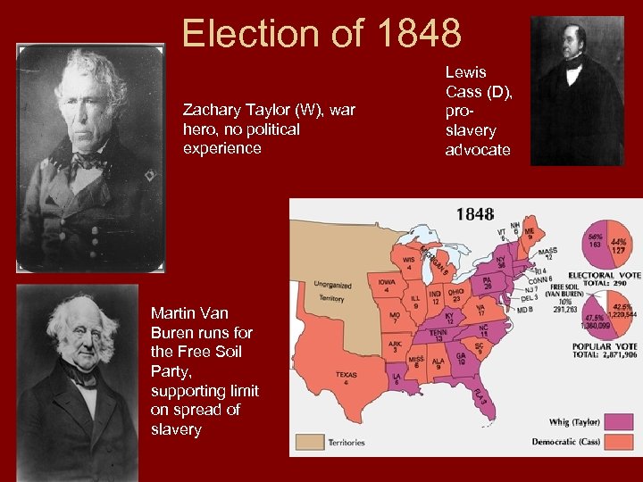 Election of 1848 Zachary Taylor (W), war hero, no political experience Martin Van Buren