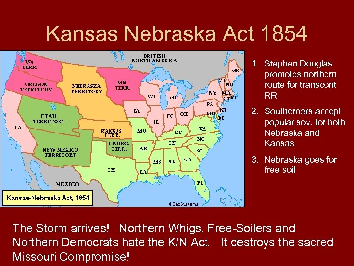 Kansas Nebraska Act 1854 1. Stephen Douglas promotes northern route for transcont RR 2.