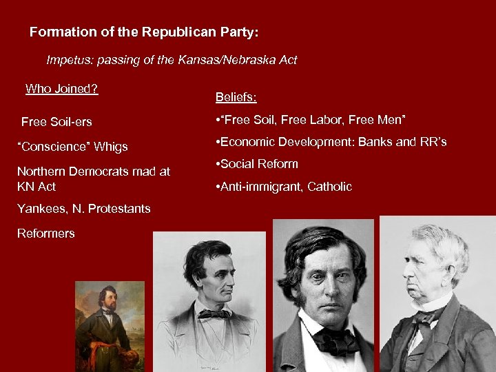 Formation of the Republican Party: Impetus: passing of the Kansas/Nebraska Act Who Joined? Free
