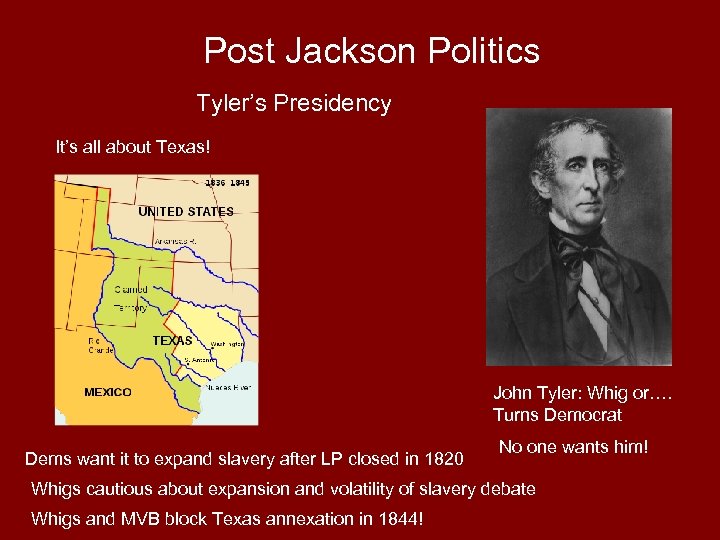 Post Jackson Politics Tyler’s Presidency It’s all about Texas! John Tyler: Whig or…. Turns