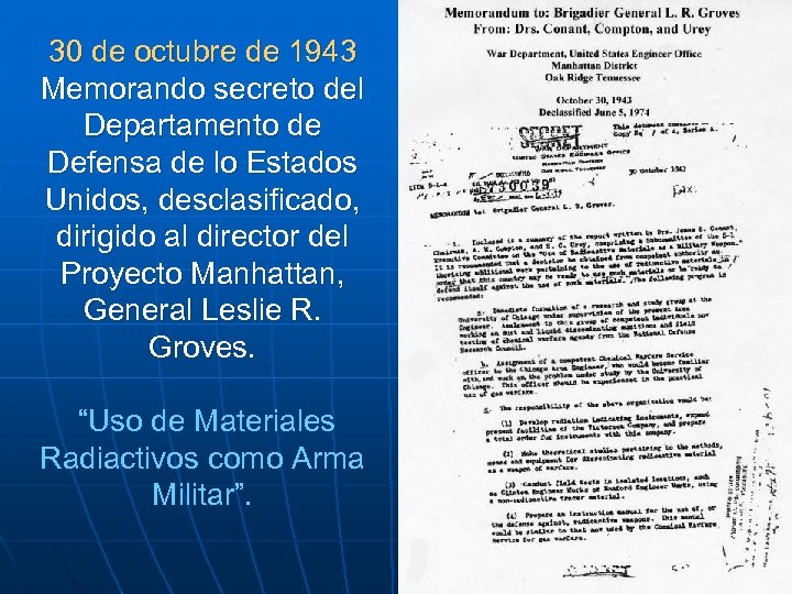 30 de octubre de 1943 Memorando secreto del Departamento de Defensa de lo Estados