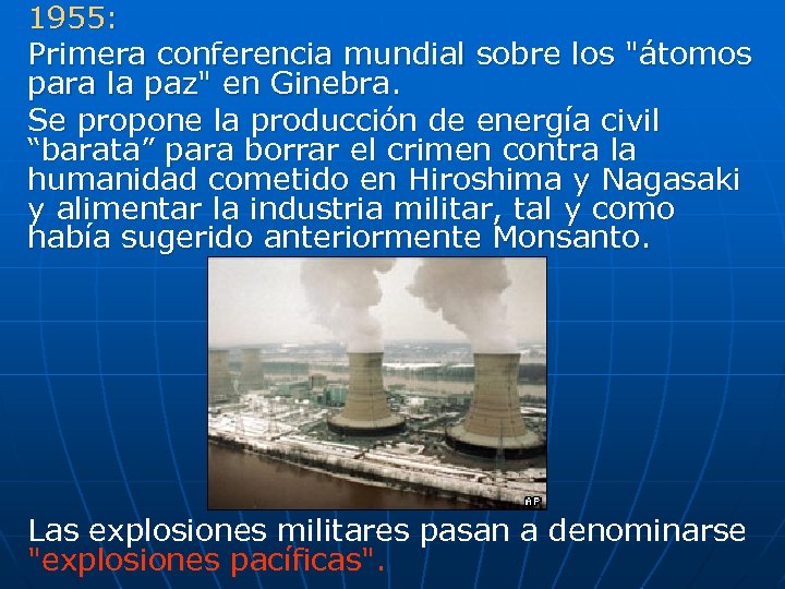 1955: Primera conferencia mundial sobre los "átomos para la paz" en Ginebra. Se propone