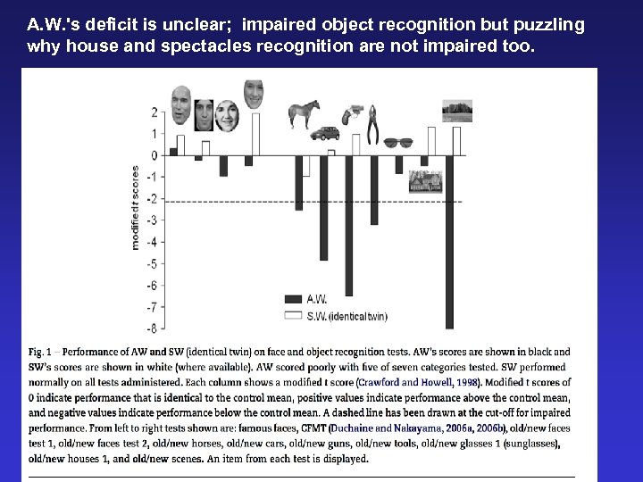 A. W. 's deficit is unclear; impaired object recognition but puzzling why house and