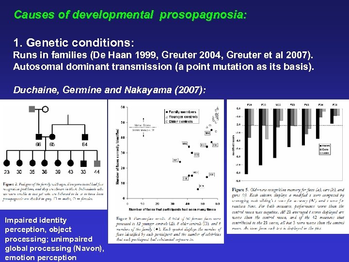 Causes of developmental prosopagnosia: 1. Genetic conditions: Runs in families (De Haan 1999, Greuter