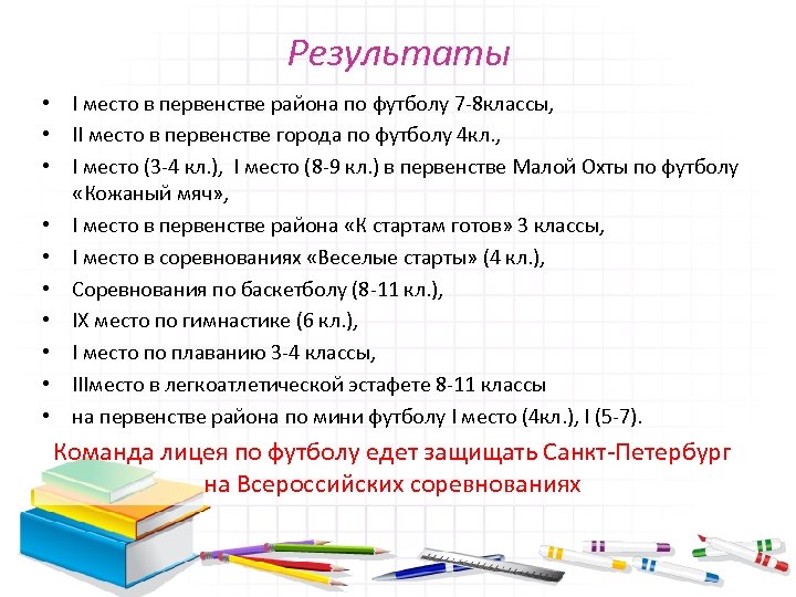 Результаты • I место в первенстве района по футболу 7 -8 классы, • II