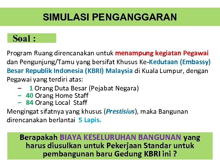 SIMULASI PENGANGGARAN Soal : Program Ruang direncanakan untuk menampung kegiatan Pegawai dan Pengunjung/Tamu yang