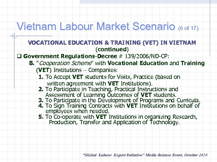 Vietnam Labour Market Scenario (6 of 17) VOCATIONAL EDUCATION & TRAINING (VET) IN VIETNAM
