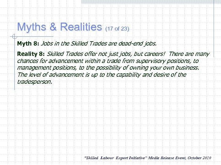 Myths & Realities (17 of 23) Myth 8: Jobs in the Skilled Trades are