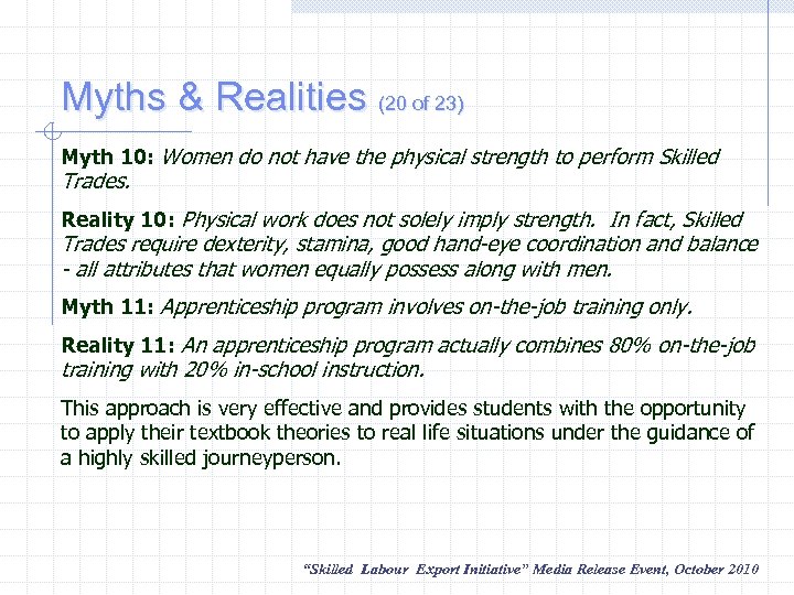 Myths & Realities (20 of 23) Myth 10: Women do not have the physical