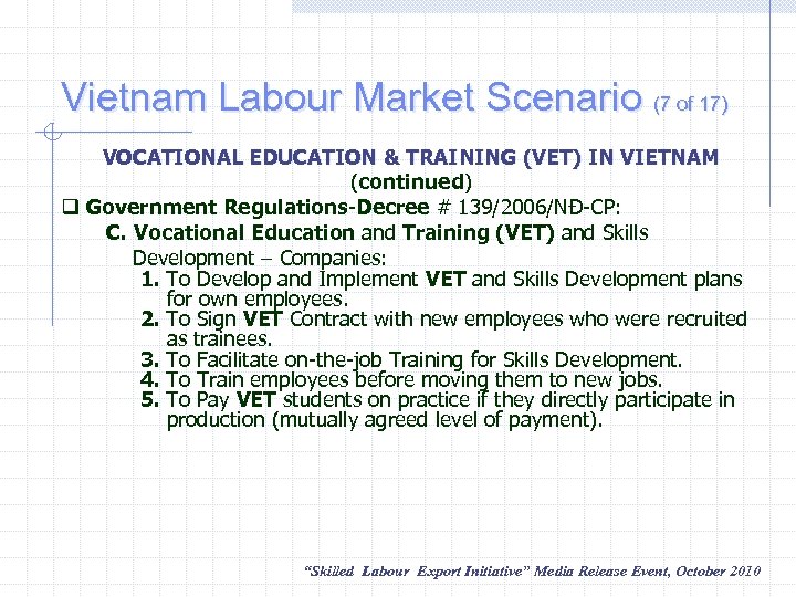Vietnam Labour Market Scenario (7 of 17) VOCATIONAL EDUCATION & TRAINING (VET) IN VIETNAM