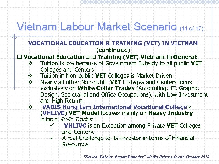 Vietnam Labour Market Scenario (11 of 17) VOCATIONAL EDUCATION & TRAINING (VET) IN VIETNAM