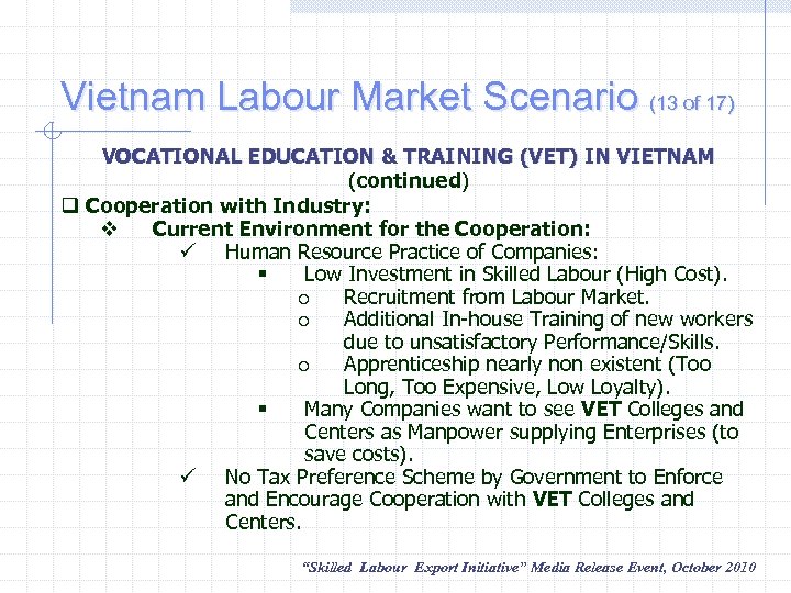 Vietnam Labour Market Scenario (13 of 17) VOCATIONAL EDUCATION & TRAINING (VET) IN VIETNAM