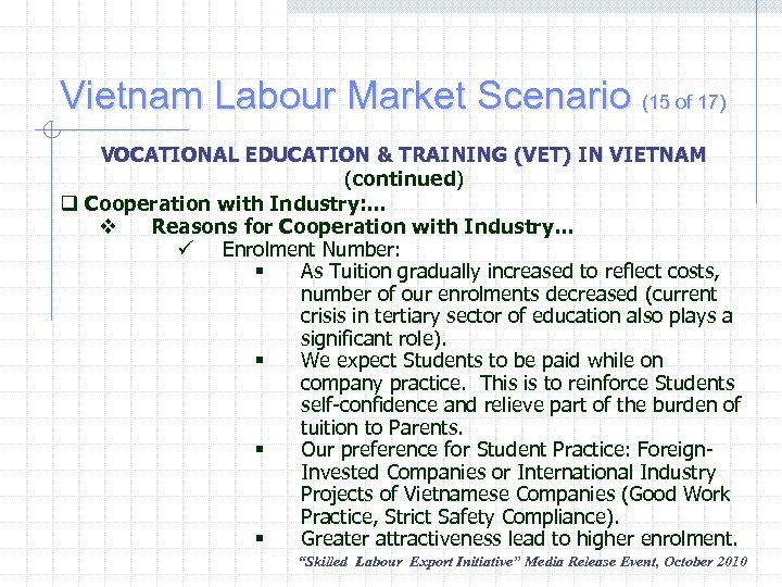 Vietnam Labour Market Scenario (15 of 17) VOCATIONAL EDUCATION & TRAINING (VET) IN VIETNAM