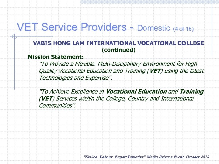 VET Service Providers - Domestic (4 of 16) VABIS HONG LAM INTERNATIONAL VOCATIONAL COLLEGE