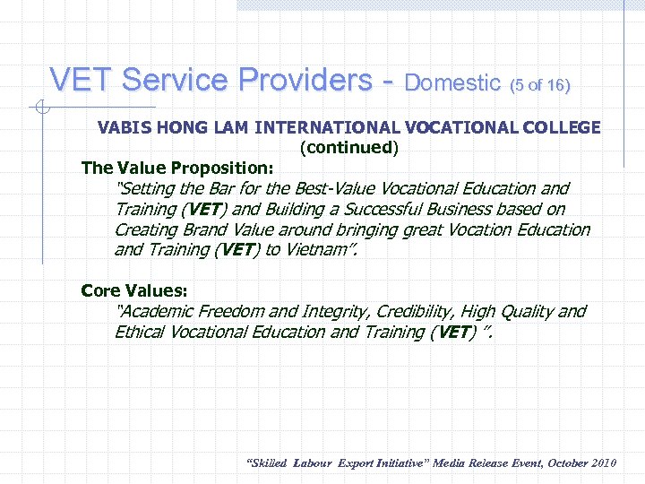VET Service Providers - Domestic (5 of 16) VABIS HONG LAM INTERNATIONAL VOCATIONAL COLLEGE