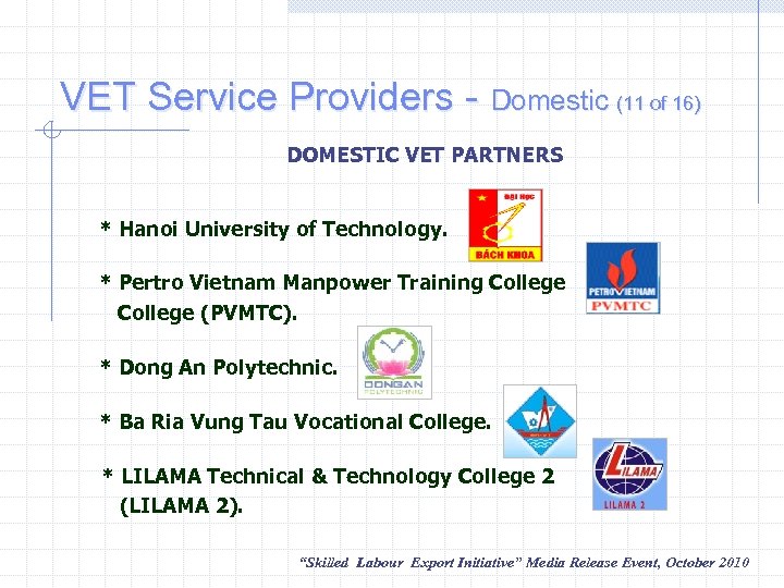 VET Service Providers - Domestic (11 of 16) DOMESTIC VET PARTNERS * Hanoi University