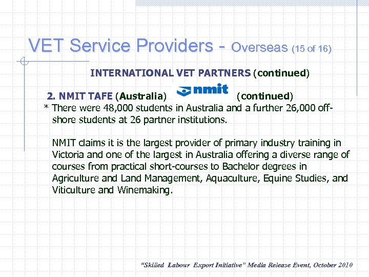 VET Service Providers - Overseas (15 of 16) INTERNATIONAL VET PARTNERS (continued) INTERNATIONAL VET