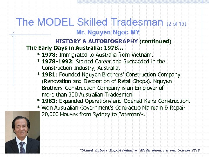 The MODEL Skilled Tradesman (2 of 15) Mr. Nguyen Ngoc MY HISTORY & AUTOBIOGRAPHY