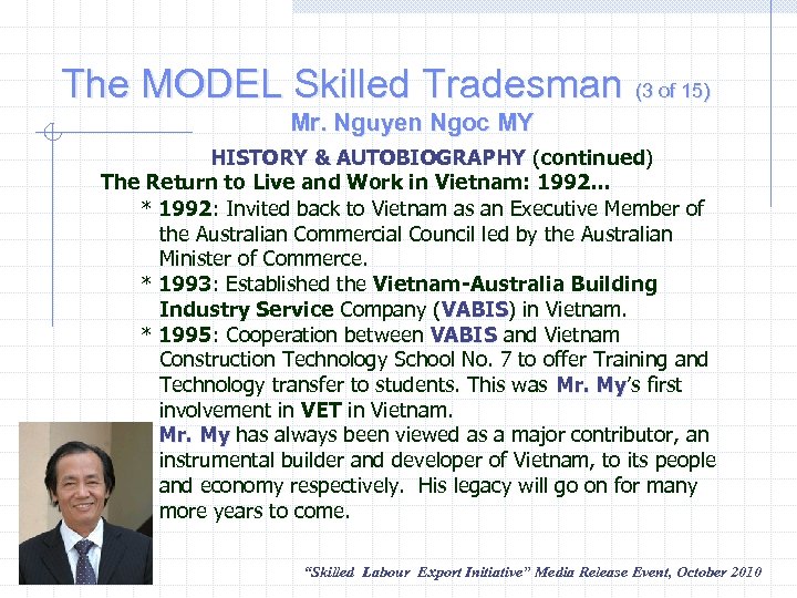 The MODEL Skilled Tradesman (3 of 15) Mr. Nguyen Ngoc MY HISTORY & AUTOBIOGRAPHY