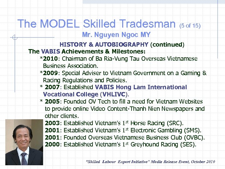 The MODEL Skilled Tradesman (5 of 15) Mr. Nguyen Ngoc MY HISTORY & AUTOBIOGRAPHY