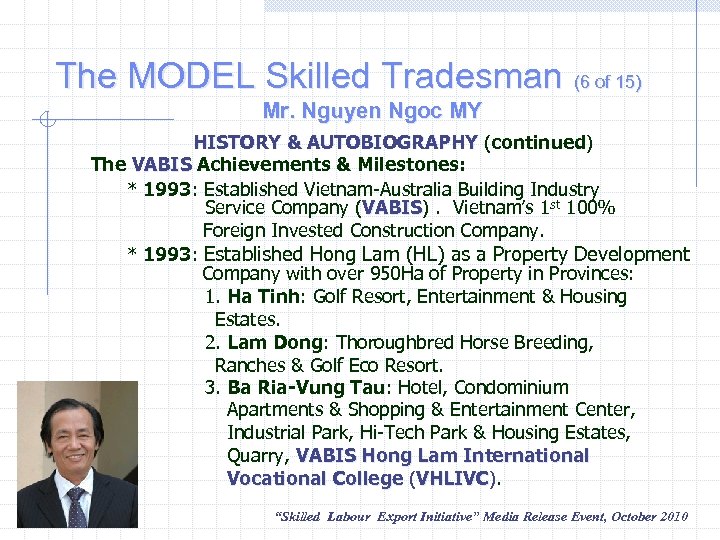 The MODEL Skilled Tradesman (6 of 15) Mr. Nguyen Ngoc MY HISTORY & AUTOBIOGRAPHY