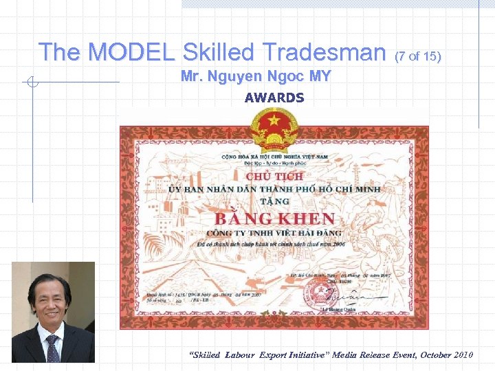 The MODEL Skilled Tradesman (7 of 15) Mr. Nguyen Ngoc MY AWARDS “Skilled Labour