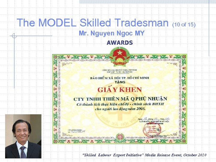 The MODEL Skilled Tradesman (10 of 15) Mr. Nguyen Ngoc MY AWARDS “Skilled Labour