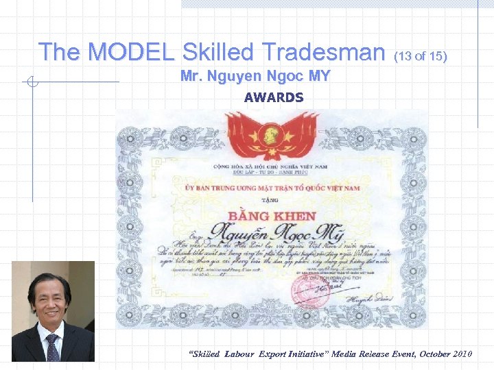 The MODEL Skilled Tradesman (13 of 15) Mr. Nguyen Ngoc MY AWARDS “Skilled Labour