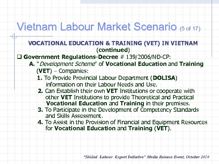 Vietnam Labour Market Scenario (5 of 17) VOCATIONAL EDUCATION & TRAINING (VET) IN VIETNAM
